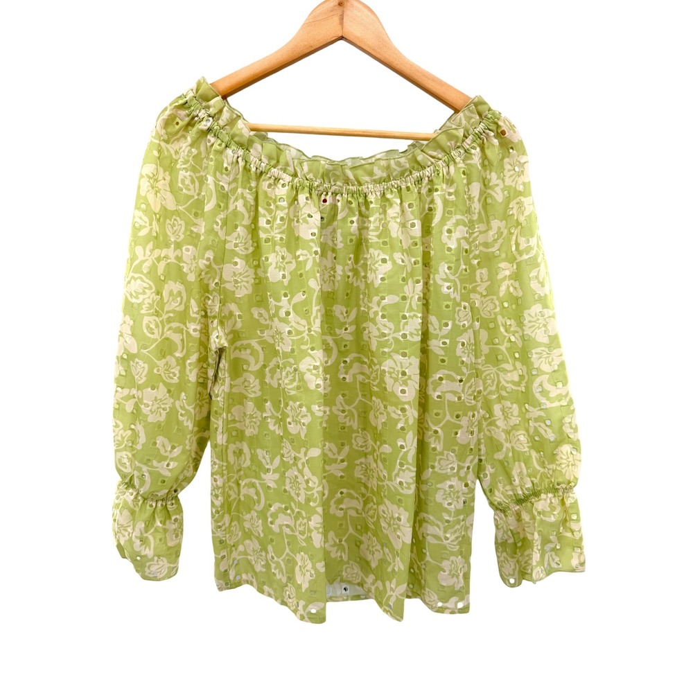 Hester & Orchard Green Floral Eyelet Off Shoulder Blouse Ruffle Cuff Large